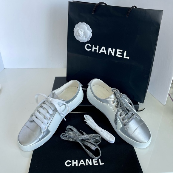 CHANEL Shoes - Chanel Silver/White Lace Up Sneakers